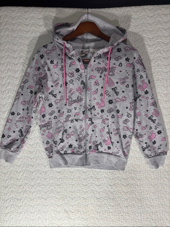 Barbie Jackets & Blazers - Barbie Gray Zip-Up Hoodie with Pink Drawstrings and All-Over Logo Print